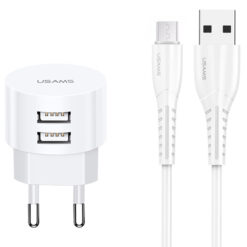 USAMS φορτιστής τοίχου T20 & καλώδιο Micro USB, 2x USB, 2.1A, λευκός Mobile 2