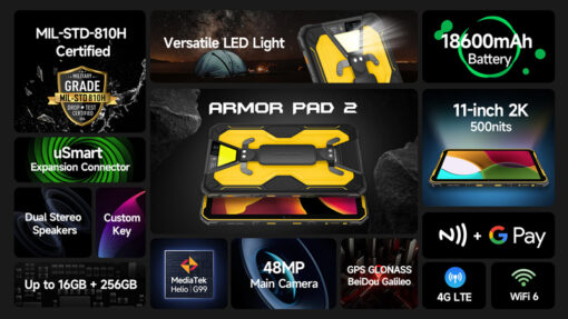 ULEFONE tablet Armor Pad 2, 11" 8/256GB, 18600mAh, IP68/IP69K, 4G, μαύρο Mobile 11" 2