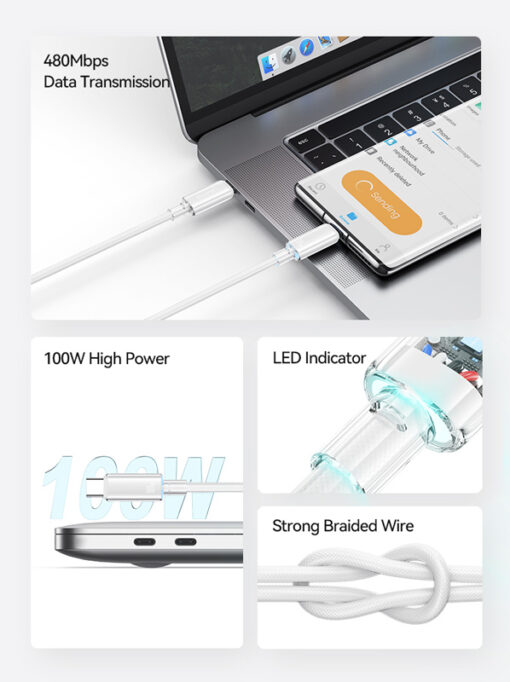 USAMS καλώδιο USB-C σε USB-C US-SJ660, 100W, 480Mbps, 1.2m, λευκό USB-C (Type-C) USB-C 2