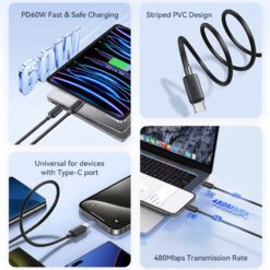 USAMS καλώδιο USB-C σε USB-C US-SJ691, 60W, 480Mbps, 1m, ροζ USB-C (Type-C) USB-C 2