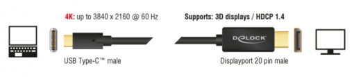 DELOCK καλώδιο USB-C σε DisplayPort 85255, DP Alt Mode, 4K, 1m, μαύρο USB-C (Type-C) USB-C 2