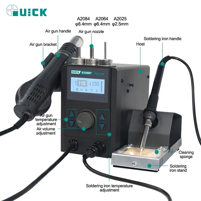 QUICK σταθμός κόλλησης QUICK8586D+, κολλητήρι/πιστόλι θερμού αέρα, 800W, 100~480 °C Service & Εργαλεία Εργαλεία 2