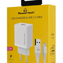 POWERTECH φορτιστής τοίχου PT-1322 με καλώδιο USB-C, USB, 12W, λευκός Mobile 1 2