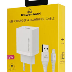 POWERTECH φορτιστής τοίχου PT-1323 με καλώδιο Lightning, USB, 12W, λευκός Mobile 1 2