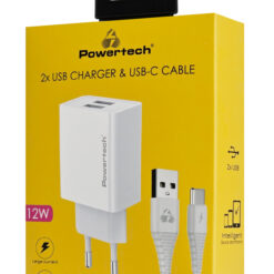 POWERTECH φορτιστής τοίχου PT-1324 με καλώδιο USB-C, 2x USB, 12W, λευκός Mobile 2 2