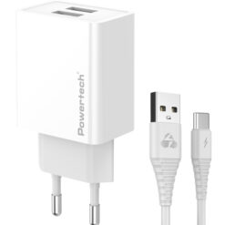POWERTECH φορτιστής τοίχου PT-1324 με καλώδιο USB-C, 2x USB, 12W, λευκός Mobile 2