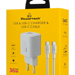 POWERTECH φορτιστής τοίχου PT-1351 με καλώδιο, USB/USB-C, 36W, GaN, λευκός Mobile 2 2