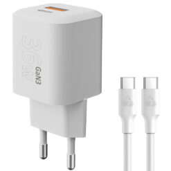 POWERTECH φορτιστής τοίχου PT-1351 με καλώδιο, USB/USB-C, 36W, GaN, λευκός Mobile 2