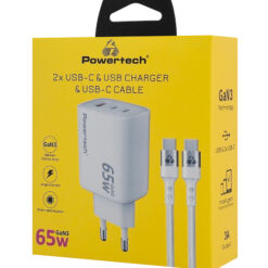 POWERTECH φορτιστής τοίχου PT-1415 με καλώδιο, USB/2x USB-C, 65W, GaN, λευκός Mobile 3 2