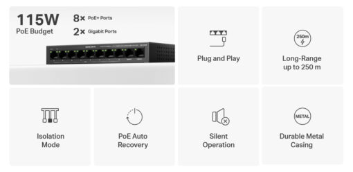 MERCUSYS Desktop Switch MS110CMP, 8x 10/100Mbps PoE+, 2x Gigabit, Ver. 1.0 Switches 10 - 100 2